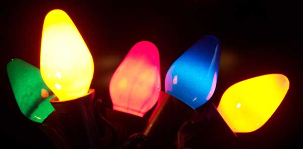 Close up of colored holiday light bulbs