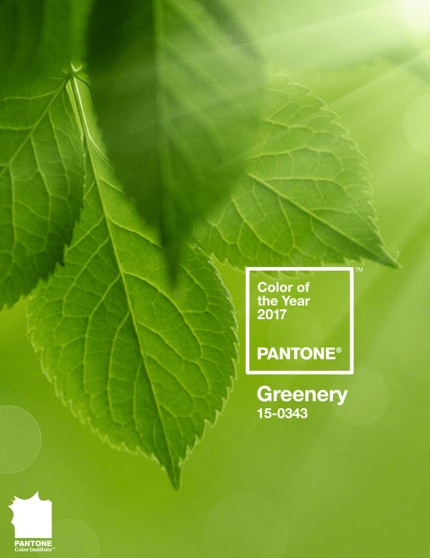 Pantone Color of the Year card with color code and label "greenery"